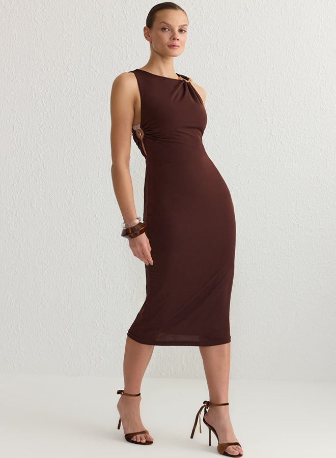 trendyol Brown Accessory Detail Knitted Midi Dress TPRSS25EL00103 - Image 5