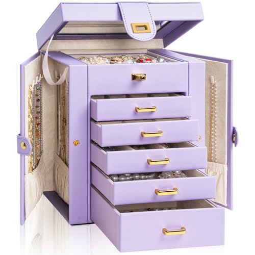 AKOZLIN Jewelry Box Organizer Functional Leather Jewelry Storage Case for Women Girls Ring Necklace Earring Bracelet Holder Organizer with Mirror Purple - Image 1