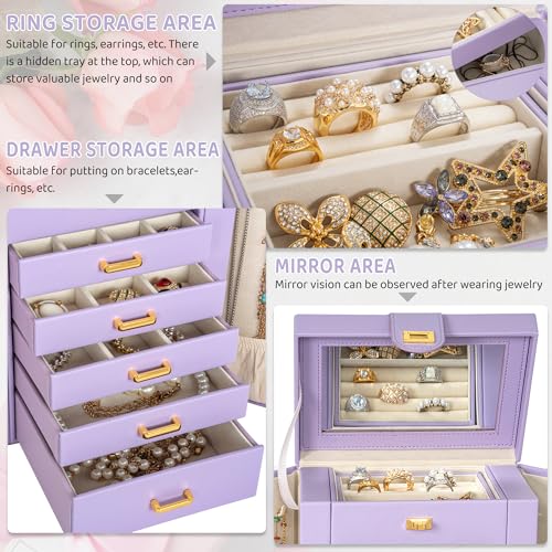 AKOZLIN Jewelry Box Organizer Functional Leather Jewelry Storage Case for Women Girls Ring Necklace Earring Bracelet Holder Organizer with Mirror Purple - Image 3
