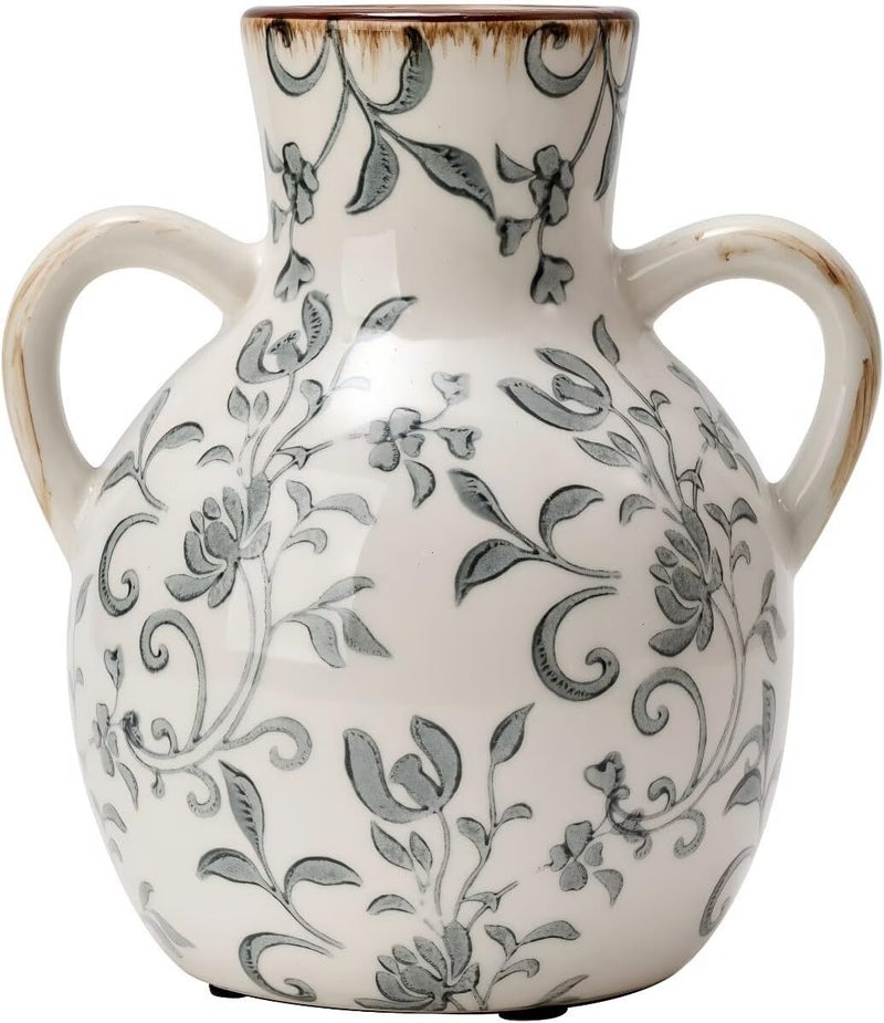 SIDUCAL Ceramic Vintage Pastoral Vase with Handles, 7 Inch Chinoiserie Floral Vase, Retro Ice Cracked Rustic Farmhouse Vases for Home Decor, Living Room, Bookshelf, Office, Tuscan Decor, Gray Floral - Image 1