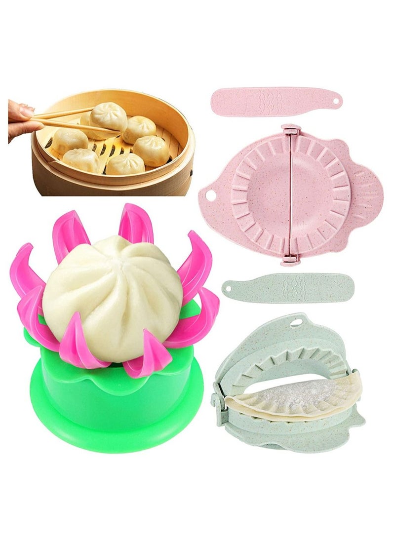 SYOSI - Dumpling Touch Tool, 5 Pieces Steamed Stuffed Bun Maker and Dumpling Maker Plastic Mold and Filling Spoon Cooking Tools Set for Cooking Delicious Baozi and Jiaozi (Green, Pink) - Image 1