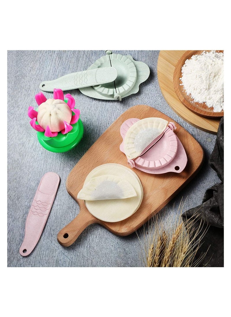SYOSI - Dumpling Touch Tool, 5 Pieces Steamed Stuffed Bun Maker and Dumpling Maker Plastic Mold and Filling Spoon Cooking Tools Set for Cooking Delicious Baozi and Jiaozi (Green, Pink) - Image 1