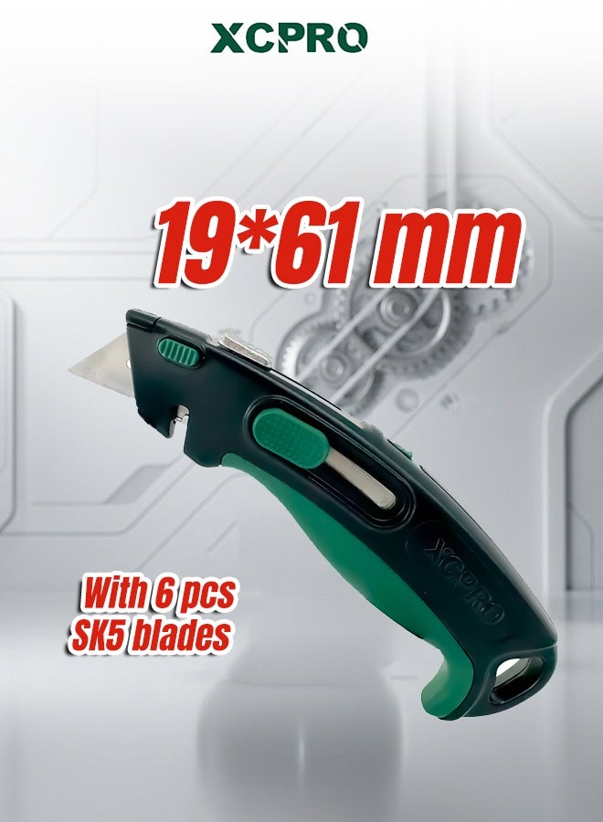 Utility Knife with Aluminum Alloy Shell, SK5 Blade with 6 Blades, 61 x 19mm, Safety Rebound Function, Quick Blade Change Box Cutter