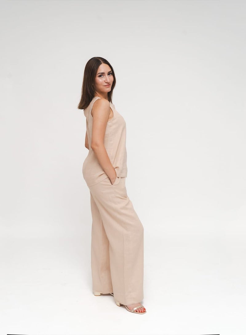 Etta Cleo, Italian Linen legged Pants in Beige - Image 1