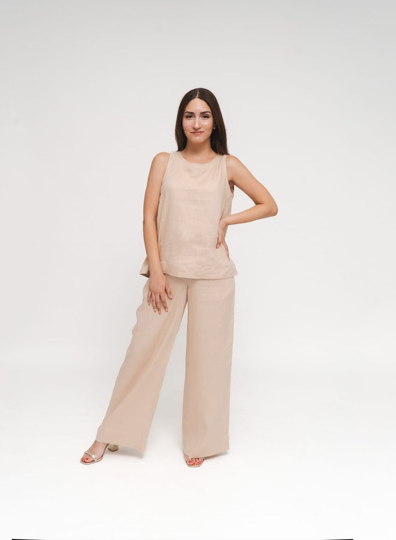 Etta Cleo, Italian Linen legged Pants in Beige - Image 2