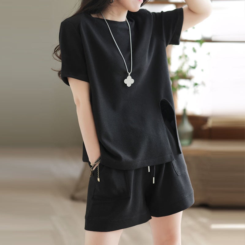 Casual sports suit womens 2023 Summer new Korean style loose running sports retro short sleeve shorts two-piece set Black  - Image 1