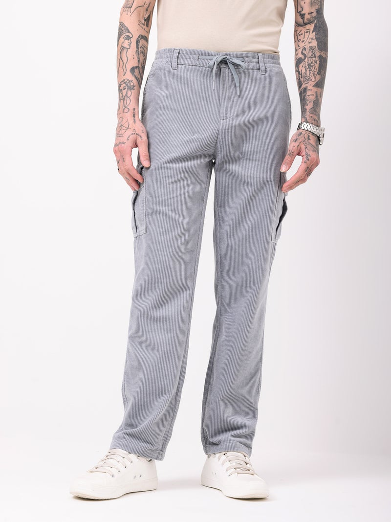 British Club Men Grey Straight Fit Corduroy Cargo Trousers - Image 1
