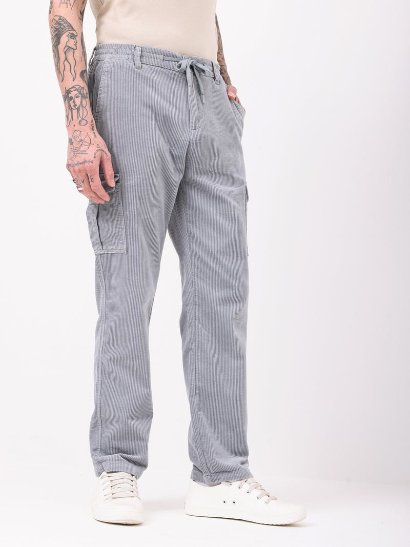 British Club Men Grey Straight Fit Corduroy Cargo Trousers - Image 3