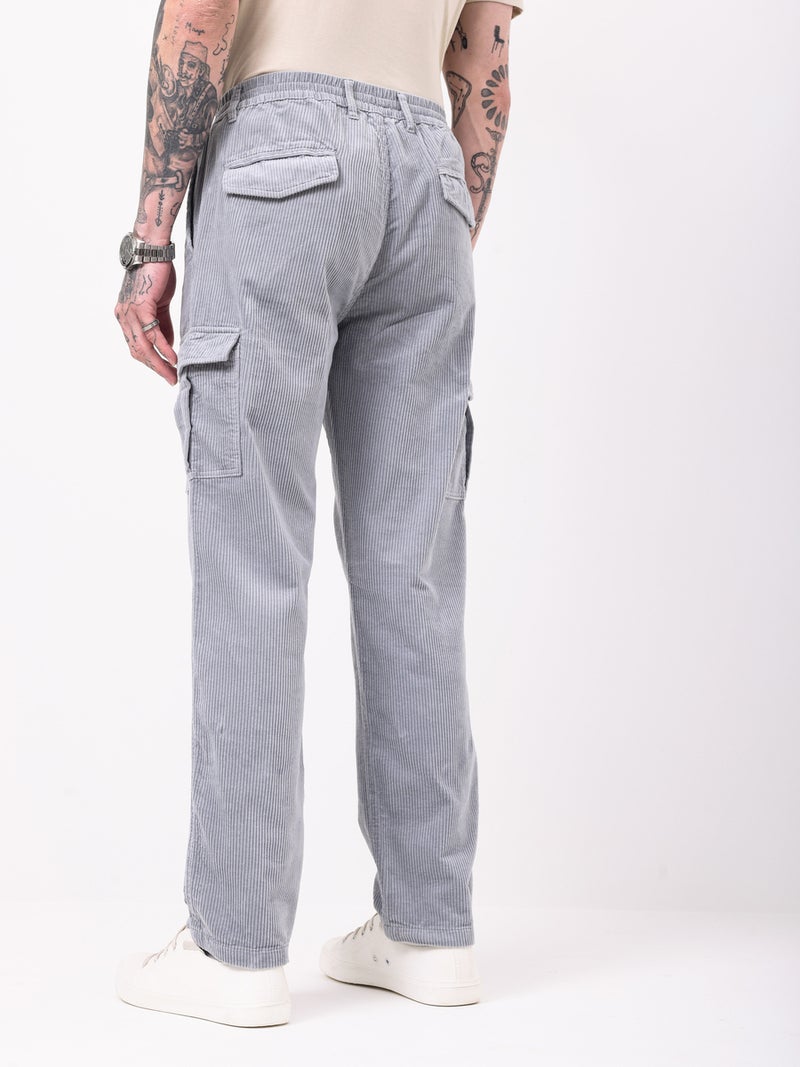 British Club Men Grey Straight Fit Corduroy Cargo Trousers - Image 2