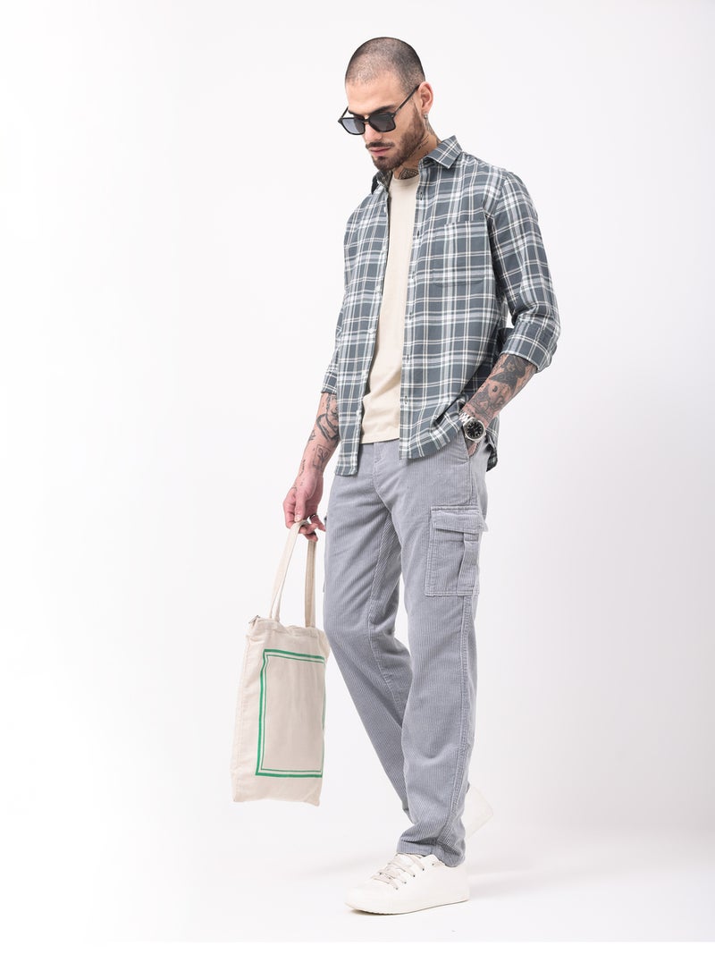 British Club Men Grey Straight Fit Corduroy Cargo Trousers - Image 4