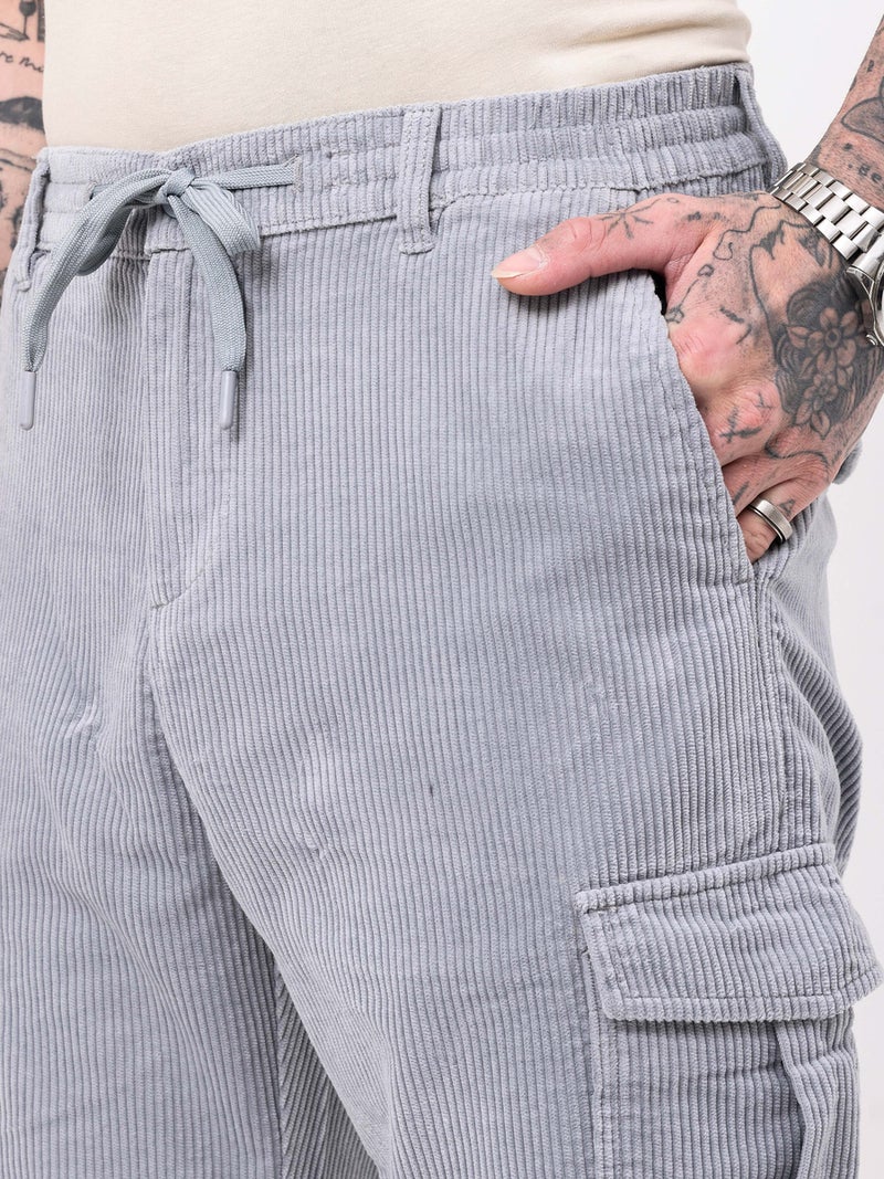 British Club Men Grey Straight Fit Corduroy Cargo Trousers - Image 5