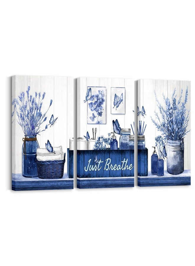 RnnJoile Navy Bathroom Decor Wall Art Blue Pictures Artwork Botanical Butterflies Just Breathe Canvas Painting for Home Bathroom Wall Decorations Framed 12"x16" Each - Image 1