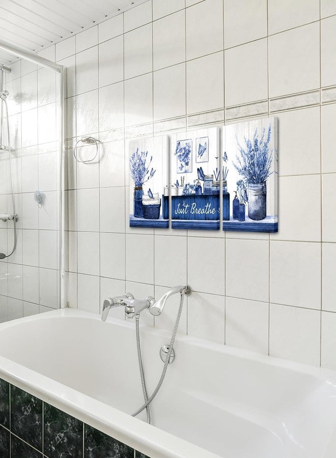 RnnJoile Navy Bathroom Decor Wall Art Blue Pictures Artwork Botanical Butterflies Just Breathe Canvas Painting for Home Bathroom Wall Decorations Framed 12"x16" Each - Image 4