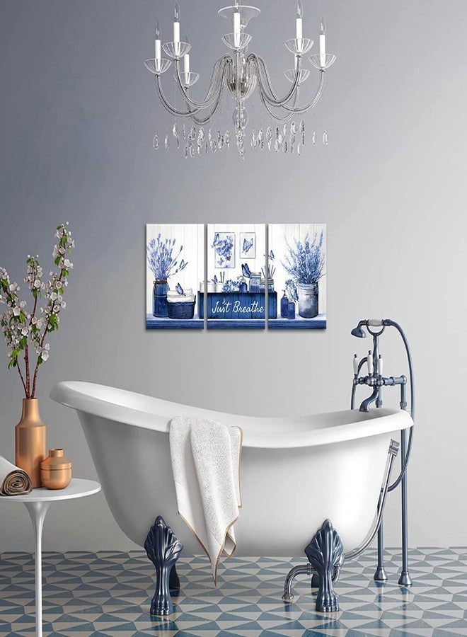 RnnJoile Navy Bathroom Decor Wall Art Blue Pictures Artwork Botanical Butterflies Just Breathe Canvas Painting for Home Bathroom Wall Decorations Framed 12"x16" Each - Image 5
