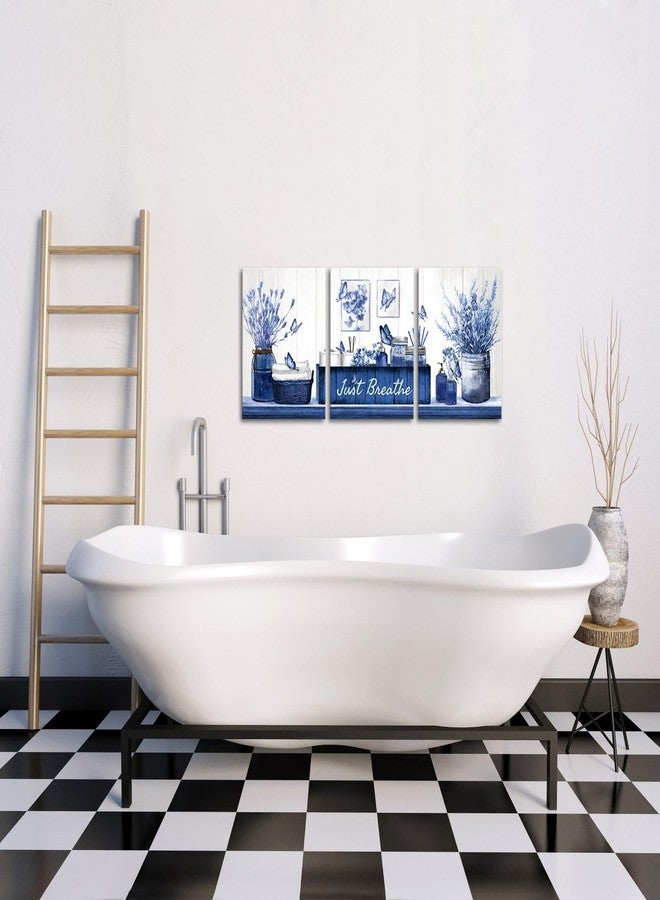 RnnJoile Navy Bathroom Decor Wall Art Blue Pictures Artwork Botanical Butterflies Just Breathe Canvas Painting for Home Bathroom Wall Decorations Framed 12"x16" Each - Image 3