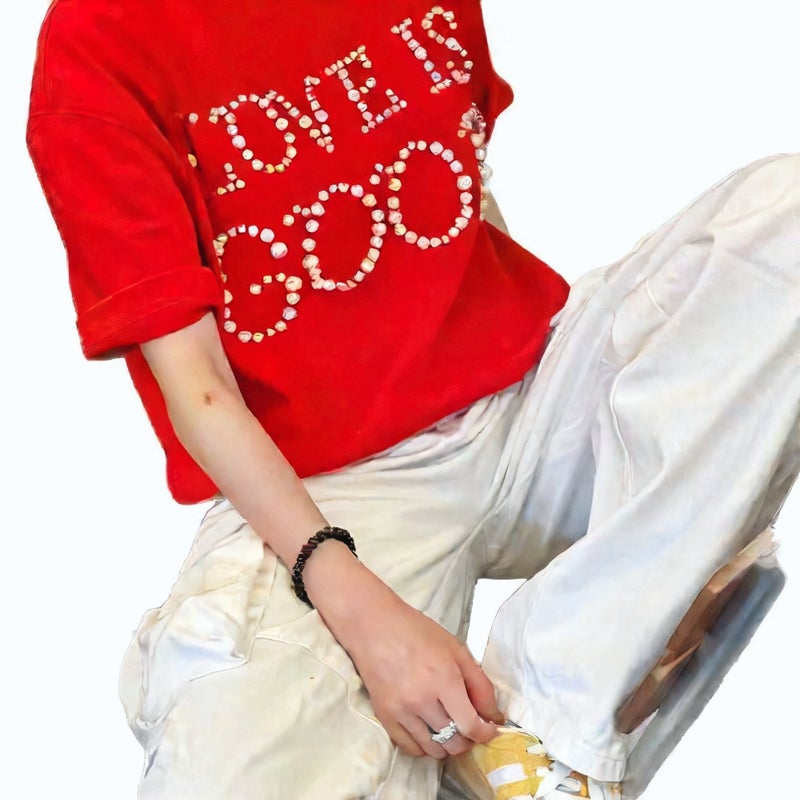 Hip Hop Style Short Sleeve T-Shirt with Pearl Slogan Design for Men and Women - Image 3