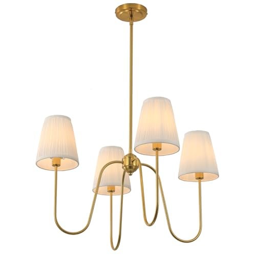 Electro bp; 27" Dia 4-Arm White Pleated Fabric Shades Chandeliers with Polished Gold Metal Curve French Country Brocade Covers Ceiling Light Fixture,E12,160W,for Living Room,Dining Table; - Image 2