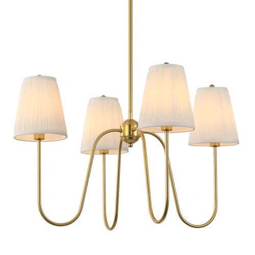 Electro bp; 27" Dia 4-Arm White Pleated Fabric Shades Chandeliers with Polished Gold Metal Curve French Country Brocade Covers Ceiling Light Fixture,E12,160W,for Living Room,Dining Table; - Image 1