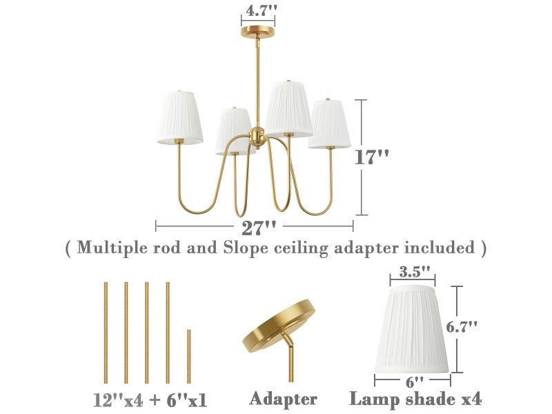 Electro bp; 27" Dia 4-Arm White Pleated Fabric Shades Chandeliers with Polished Gold Metal Curve French Country Brocade Covers Ceiling Light Fixture,E12,160W,for Living Room,Dining Table; - Image 4