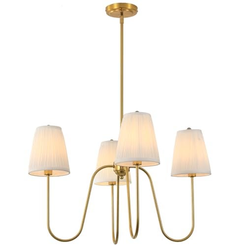 Electro bp; 27" Dia 4-Arm White Pleated Fabric Shades Chandeliers with Polished Gold Metal Curve French Country Brocade Covers Ceiling Light Fixture,E12,160W,for Living Room,Dining Table; - Image 3