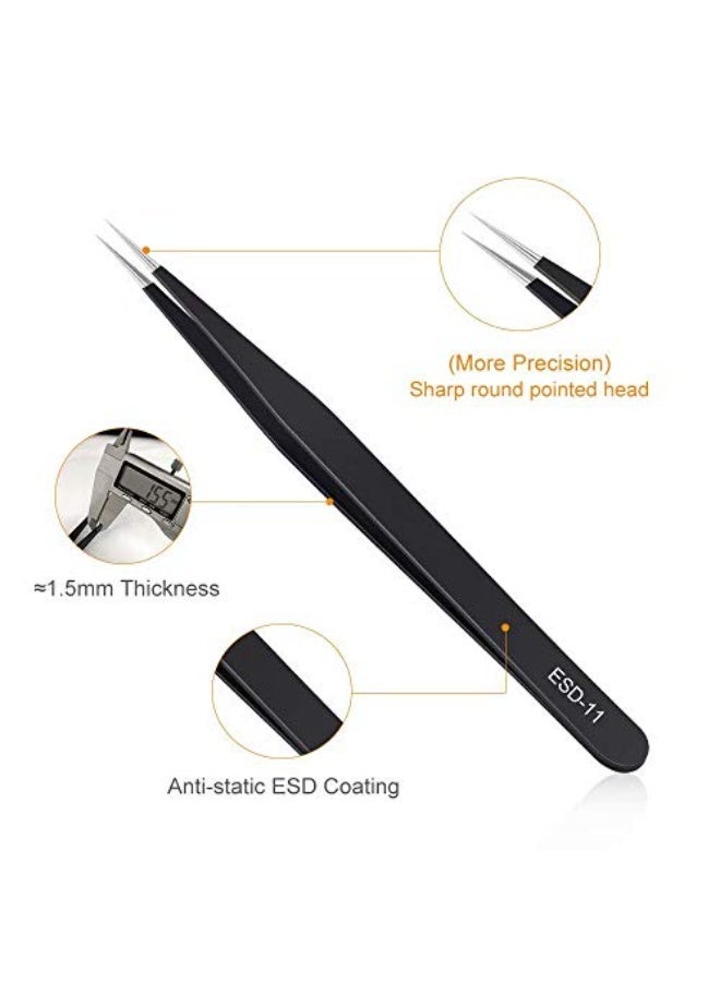 6 PCS Precision Tweezers Set, Upgraded Anti-Static Stainless Steel Curved of Tweezers, for Electronics, Laboratory Work, Jewelry-Making, Craft, Soldering, make up (Black) - Image 2