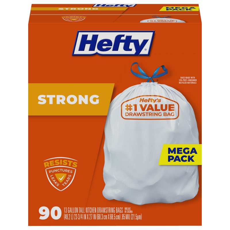 Hefty Strong 13 Gallon Trash Bags, Tall Kitchen Trash Bags, UnscentedLarge Trash Bags with Drawstrings, Durable Closure, Resists Leaks, Punctures, and Tears, White, Unscented, 90 Bags - Image 1