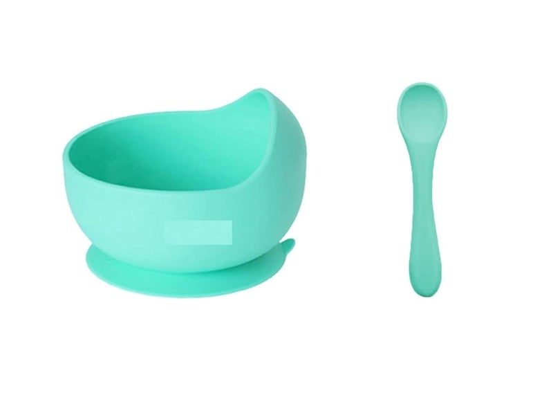 Xacton Baby Feeding Bowl & Wood Solid Handle Spoon I Silicone Unbreakable Non-Slip Suction Base Design I BPA Free, Dishwasher, Freezer & Microwave Safe I Feeding Kit for Infants & Toddler (Cyan) - Image 1