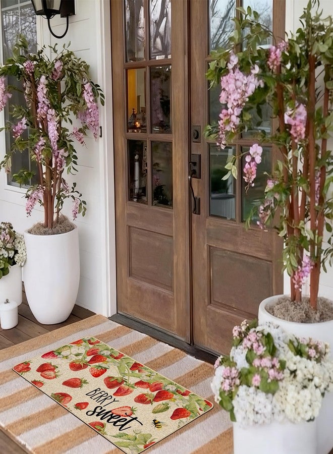 Baccessor Strawberry Door Mat Spring Summer Berry Sweet Fruit Bee Front Doormat Indoor Outdoor 17 x 29 Inch Non Slip Rubber Backing Seasonal Anniversary Wedding Entryway Kitchen Floor Decoration - Image 2