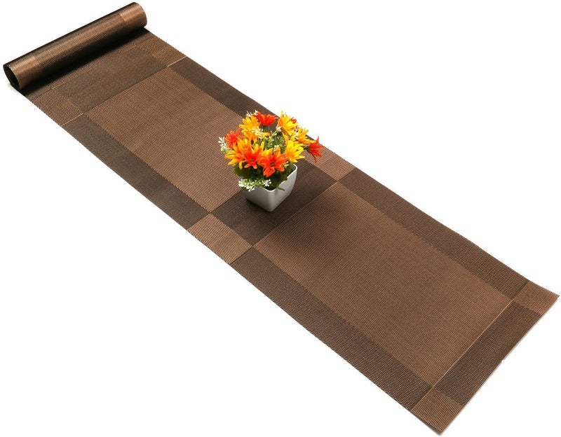 we3 we3 Table Runner Farmhouse Style Table Runner Heat Resistant Non-Slip Washable PVC Stain Resistant Woven Vinyl for Kitchen Dining Table Outdoor Party Holiday Decoration (1* Brown Runner) - Image 1