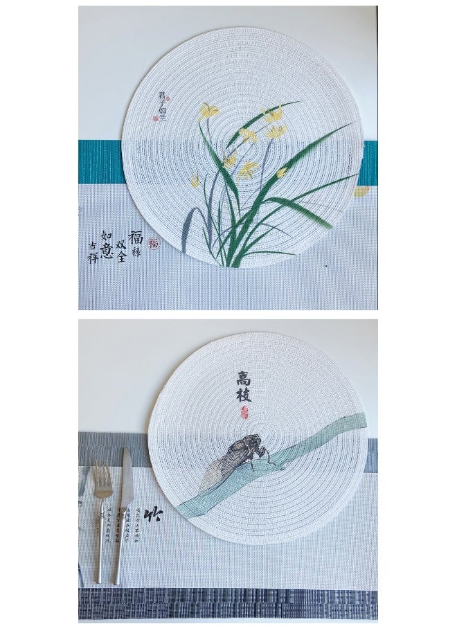 NIBEMINENT 2pcs Cotton Placemat Round Ramie Printed Chinese Heat Insulation Mat 