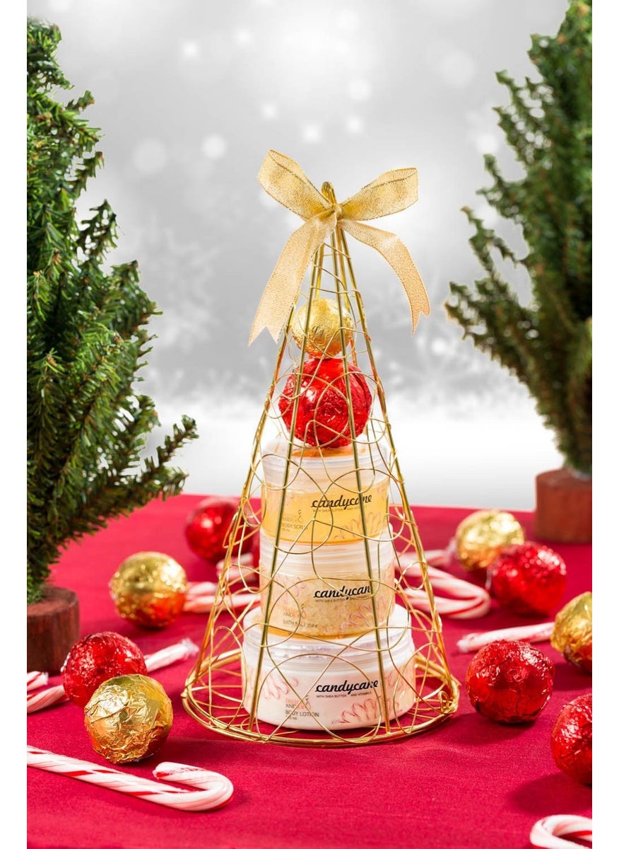 Freida and Joe - Spa Bath  Body Gift Set Cy Cane Peppermint Fragrance Gold Tree Display Includes 2 Bath Bombs Body Lotion Shower Gel Bath Salt - Image 1
