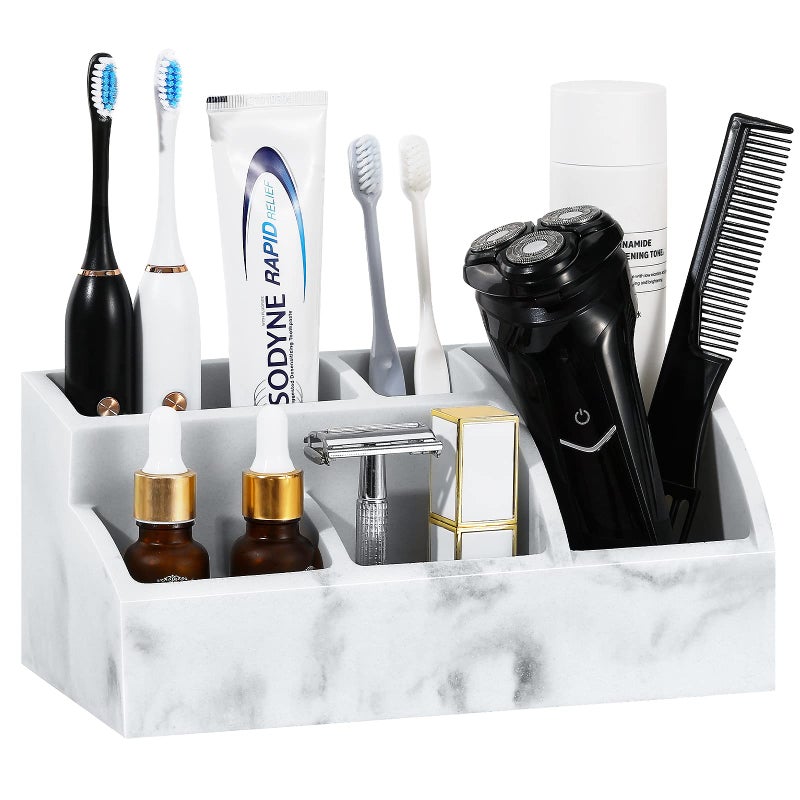 Luxspire Luxspire Bathroom Counter Organizer, Toothbrush Holder for Bathroom 5 Slot, Large Bathroom Countertop Organizer Storage Marble Bathroom Accessories for Toothbrush Toothpaste, Gravel White  - Image 1