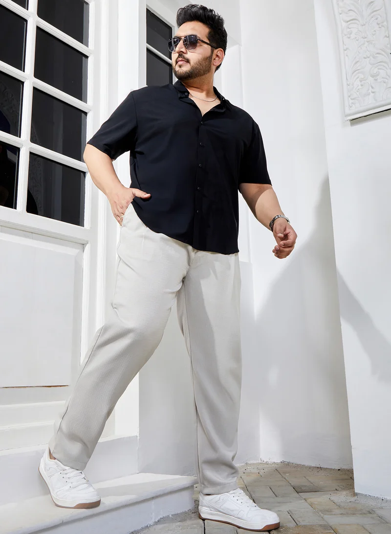 Instafab Plus Instafab Plus Men's Saltbox Beige Tailored Linen-Blend Trousers For Casual Wear | Mid-Rise | Regular Fit | Button Closure | Plus Size Trousers Crafted With Comfort Fit For Everyday Wear