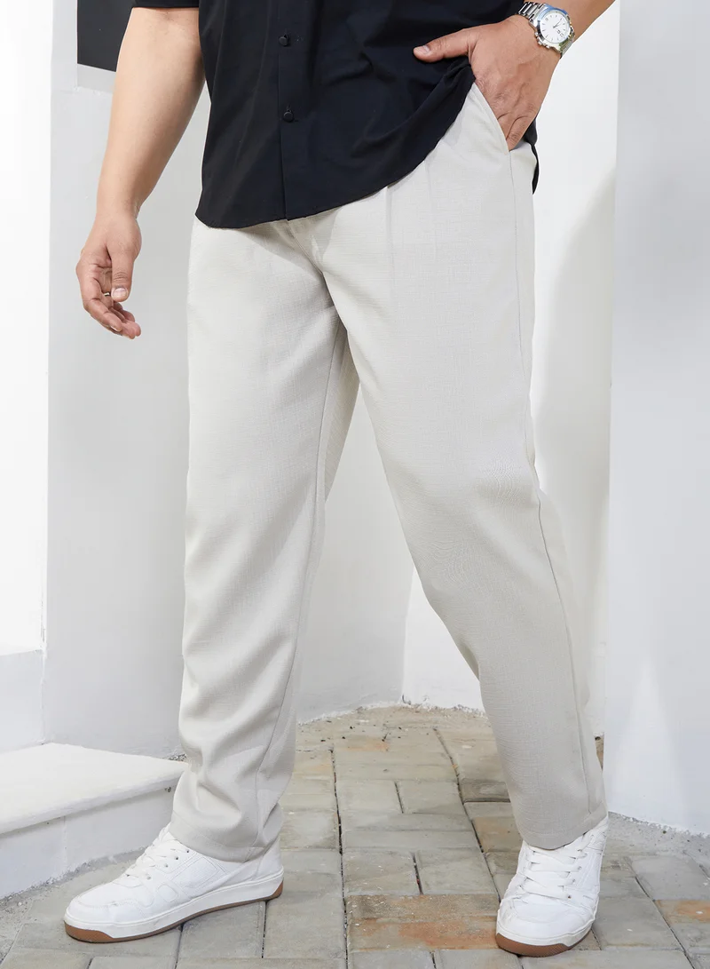 Instafab Plus Instafab Plus Men's Saltbox Beige Tailored Linen-Blend Trousers For Casual Wear | Mid-Rise | Regular Fit | Button Closure | Plus Size Trousers Crafted With Comfort Fit For Everyday Wear