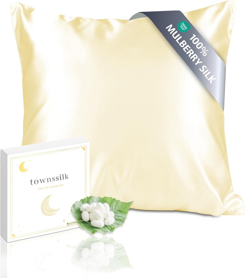 townssilk Silk Pillowcase 40x40cm – 100% Mulberry Silk, 19mm, Silk on Both Sides, Oeko-TEX Certified, Grade 6A, with Zipper, 1 Piece, Light Yellow - Image 1
