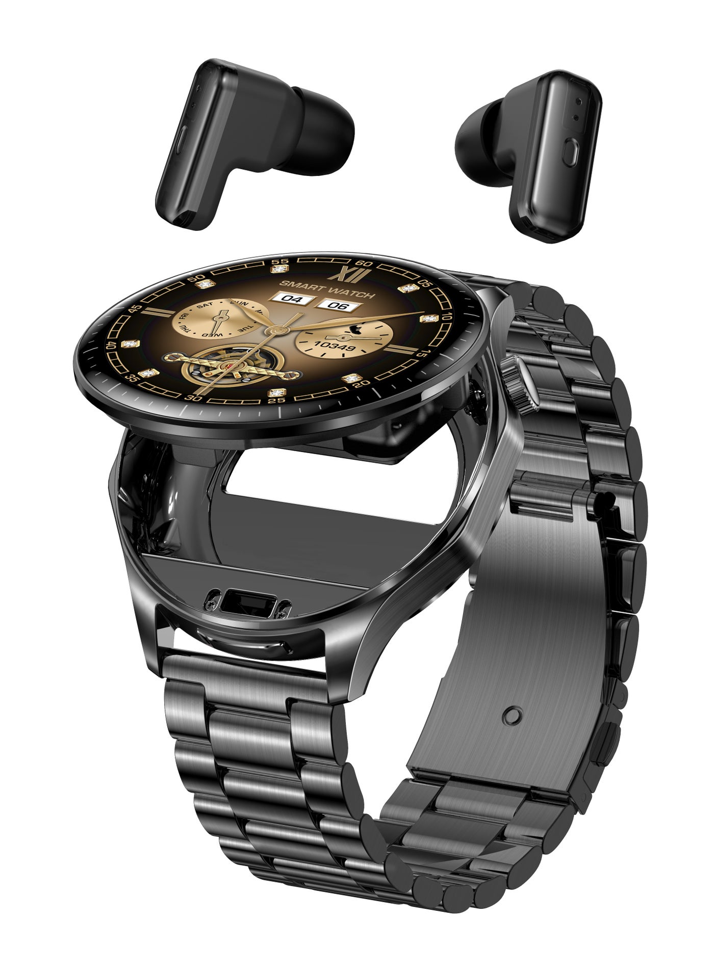 RollsTimi Men's SmartWatch, 1.43-inch AMOLED Screen, TWS Organizer, IP67 Waterproof , Health Monitoring, Incoming Calling Reminder, 2 in 1 Smart Business Watch, T98 Steel Black