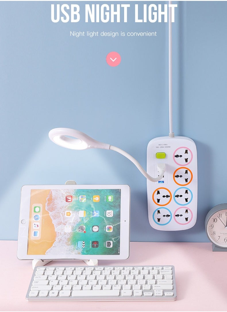 سلك تمديد الطاقة، شريط طاقة بطول 2 متر يحتوي على 4 منافذ USB و6 منافذ طاقة بريطانية، سلك تمديد عالي التحمل مع حماية من زيادة التيار ومقبس تمديد مع مصراع أمان للمنزل والمكتب (2 متر - 6 منافذ USB - 4 منافذ)