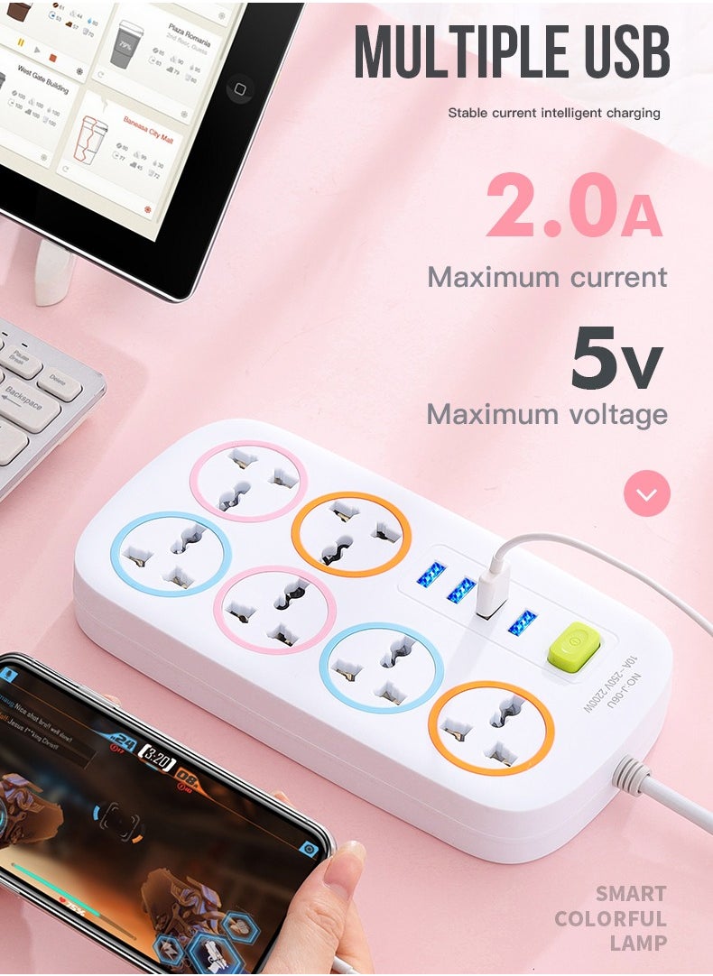 سلك تمديد الطاقة، شريط طاقة بطول 2 متر يحتوي على 4 منافذ USB و6 منافذ طاقة بريطانية، سلك تمديد عالي التحمل مع حماية من زيادة التيار ومقبس تمديد مع مصراع أمان للمنزل والمكتب (2 متر - 6 منافذ USB - 4 منافذ)