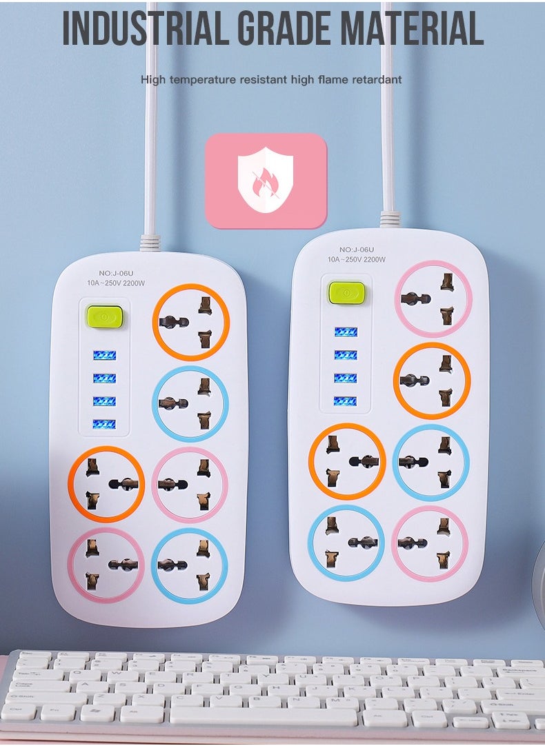 سلك تمديد الطاقة، شريط طاقة بطول 2 متر يحتوي على 4 منافذ USB و6 منافذ طاقة بريطانية، سلك تمديد عالي التحمل مع حماية من زيادة التيار ومقبس تمديد مع مصراع أمان للمنزل والمكتب (2 متر - 6 منافذ USB - 4 منافذ)