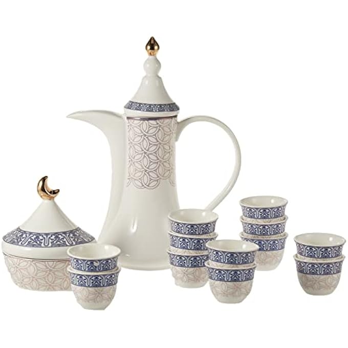 ريحني طقم قهوة عربية بورسلان كاهوة مع وعاء الدالة والتمر بغطاء، 16 قطعة مزينة برسومات ملونة متنوعة - Image 1