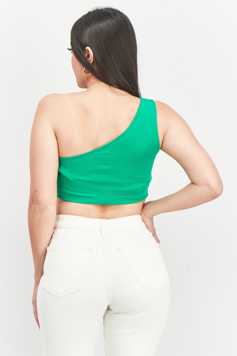 Sinsay بلوزة نسائية ذات رقبة غير متساوية كتف واحد مضلعة، خضراء - Image 4