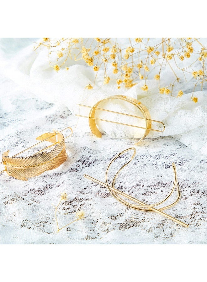 WILLBOND 3 Pieces Hair Bun Clip Set, Includes Feather Hair Cuff Bun, X Shaped Hair Cuff Bun and Round Top Hair Cuff Bun Hair Stick Hair Bun (Gold) - Image 3