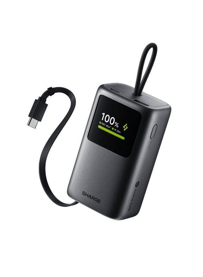 شارج بنك الطاقة SHARGE HyperTower بسعة 10,000 مللي أمبير في الساعة وقدرة شحن سريع 45 واط، مزود بكابل USB-C مدمج بطول 60 سم، ومنافذ USB-C وUSB-A، وشاشة رقمية ذكية، وتصميم مدمج قابل للحمل - لون رمادي - Image 2