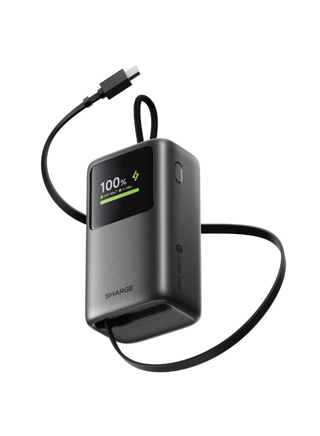 شارج بنك الطاقة SHARGE HyperTower بسعة 10,000 مللي أمبير في الساعة وقدرة شحن سريع 45 واط، مزود بكابل USB-C مدمج بطول 60 سم، ومنافذ USB-C وUSB-A، وشاشة رقمية ذكية، وتصميم مدمج قابل للحمل - لون رمادي - Image 1