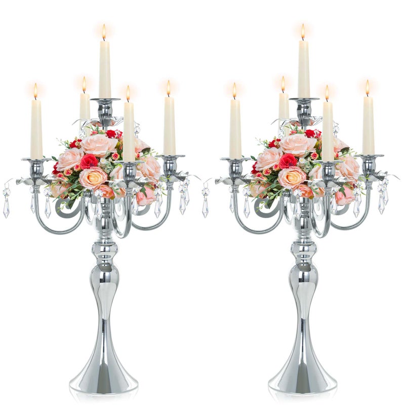 Kolnlala 2 Pcs 203 Tall 5 Arm Silver Candelabra Centerpiece for Table Metal Crdystal Candle Holder Retro Candlestick Table Centerpieces for Party Events Home Wedding Decor 2 Silver - Image 2
