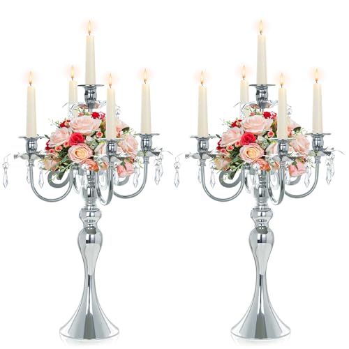 Kolnlala 2 Pcs 203 Tall 5 Arm Silver Candelabra Centerpiece for Table Metal Crdystal Candle Holder Retro Candlestick Table Centerpieces for Party Events Home Wedding Decor 2 Silver - Image 1