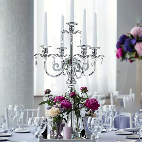 Kolnlala 2 Pcs 203 Tall 5 Arm Silver Candelabra Centerpiece for Table Metal Crdystal Candle Holder Retro Candlestick Table Centerpieces for Party Events Home Wedding Decor 2 Silver - Image 3