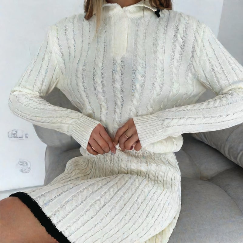 سترة نسائية بأكمام طويلة من التريكو مع أزرار وتنورة قصيرة - طقم من قطعتين - Image 2