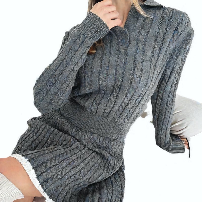 سترة نسائية بأكمام طويلة من التريكو مع أزرار وتنورة قصيرة - طقم من قطعتين - Image 3