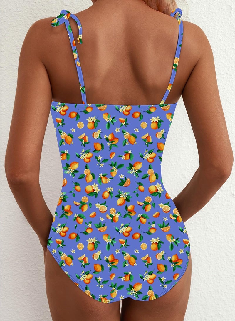 Herseas Women One Piece Swimsuit High Cut Adjustable Tie Shoulders Stretchy Push Up Tummy Control Bathing Suit Romantic Beach Vacation Essentials Light Navy Citrus Print X-Large - Image 3